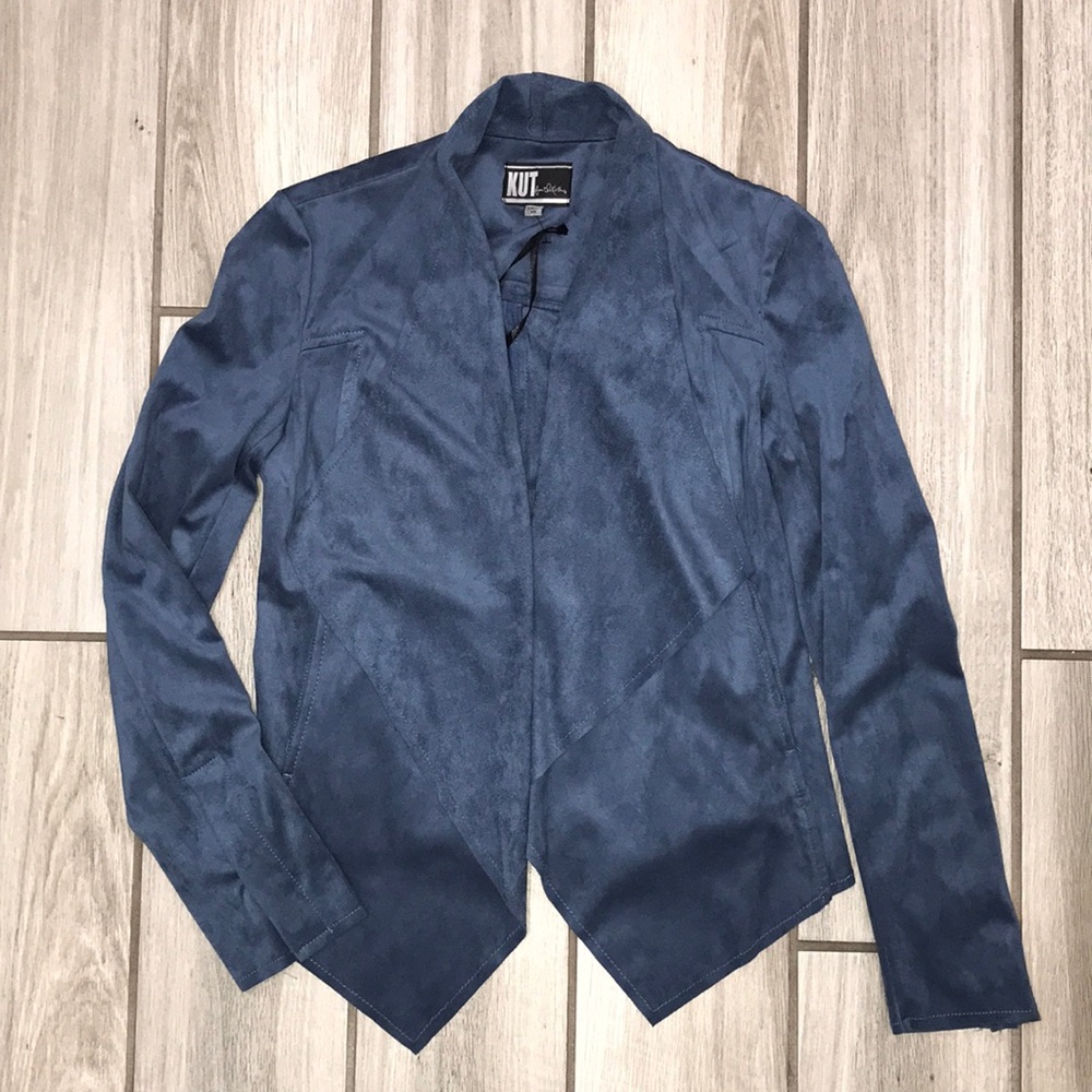 KUT from the Kloth faux suede draped jacket, slate blue, new with tags